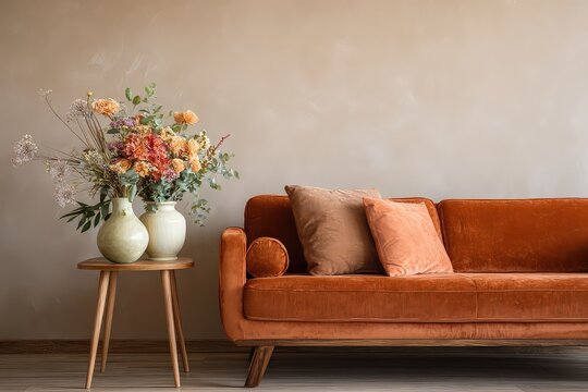 Interior with Burnt Orange Velvet Sofa Two Cream Vases Full of Flowers and Two Pillows Resting on the Sofa near a Beige Wall