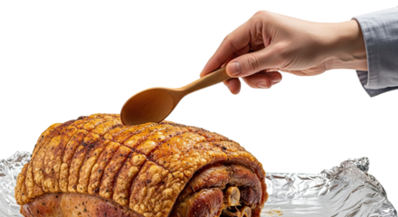 A person's hand uses a wooden spoon to tap the crispy, golden crackling of a large, freshly roasted pork joint resting on aluminum foil against a dramatic black background