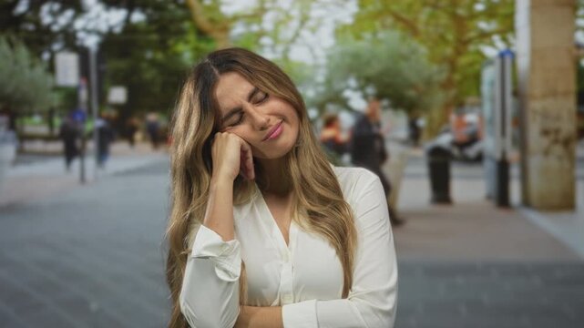Young woman resting hand on cheek in white blouse at urban street corner; boredom drowsiness fatigue sleepiness.