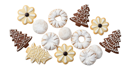 Top-down view of a delicious variety of holiday cookies, featuring decorated gingerbread trees and powdered sugar sweets, arranged as a festive pattern on a solid black background