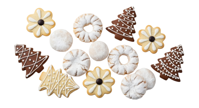 Top-down view of a delicious variety of holiday cookies, featuring decorated gingerbread trees and powdered sugar sweets, arranged as a festive pattern on a solid black background