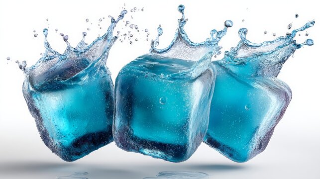 Three blue ice cubes are floating in a splash of water