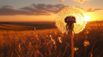 Dandelion seed head silhouetted against golden sunset over wheat field, creating dreamy atmosphere for nature backgrounds.