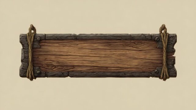 Horizontal wooden plank sign with rope on beige background