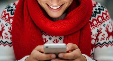 Close-up of a young woman with a red knitted scarf and festive Christmas sweater typing or reading messages on a smartphone during the holiday season