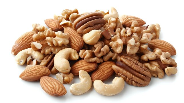 Assorted mixed nuts including almonds, pecans, cashews, and walnuts on white background, nutritious protein-rich snack for healthy eating.