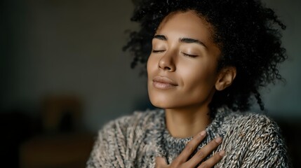 Young African American woman with curly hair in cozy sweater enjoying peaceful moment with eyes closed and gentle smile, expressing serenity and mindfulness.