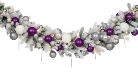 An elegant Christmas garland with white frosted branches, decorated with sparkling purple, silver, and white baubles, icicles, and glowing lights, isolated on a black background