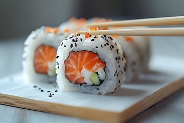 Fresh salmon sushi rolls with rice, avocado and black sesame seeds on white plate with wooden chopsticks, perfect for food menu photography.