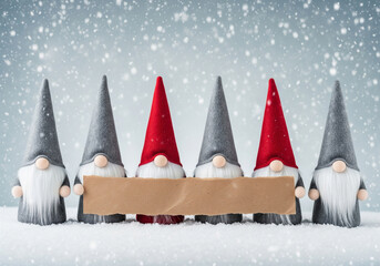 Christmas gnomes standing in a snowy landscape, holding a blank sign for messages
