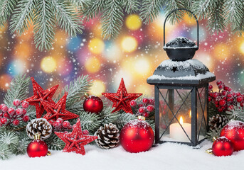 Lantern with candle siting in the snow surrounded by festive red Christmas ornaments