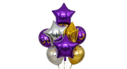Bunch of purple gold and silver star and round balloons, with moon and star patterns, PNG isolated on transparent background