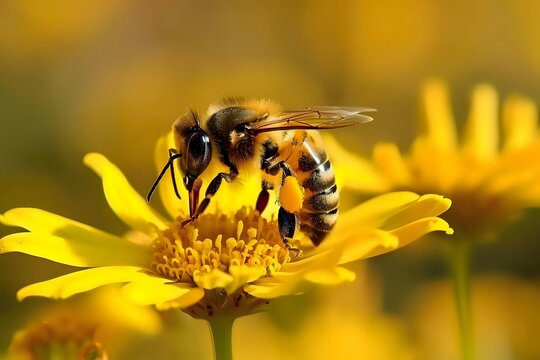 Honeybee collecting pollen on bright yellow daisy flower in summer garden, macro photography with soft golden background for nature and pollination concepts.