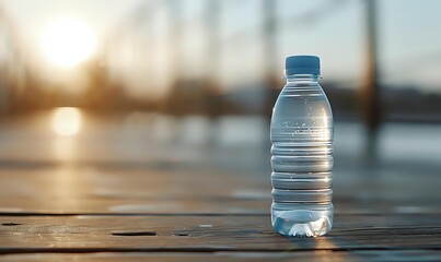 Clear plastic water bottle on wooden dock at sunset with blurred waterfront background. Perfect for hydration and environmental themes.