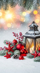 Lantern with candle siting in the snow surrounded by festive red Christmas ornaments