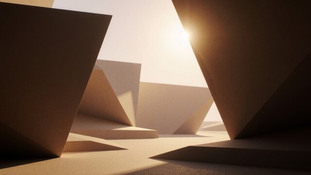 Exploring a surreal landscape of angular forms under the warm glow of the sun