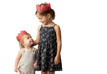 A caring older sister smiles lovingly at her baby sibling as they both wear festive red paper crowns in a sweet studio portrait isolated on a black background