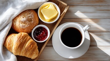Tray of croissants, butter, jam, and coffee is on a wooden table