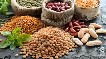 Fototapeta premium Assortment of raw legumes in burlap sacks and scattered on dark surface - lentils, chickpeas, beans, and peas with fresh basil leaves.