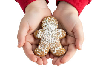 A child's hands in a red sweater gently hold a smiling gingerbread man cookie decorated with icing and powdered sugar, isolated on a black background for the holiday season