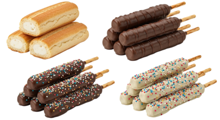 Set of delicious sweet snacks showing variations from plain cream-filled biscuits to dark and white chocolate-coated pops with colorful sprinkles, isolated on a black background