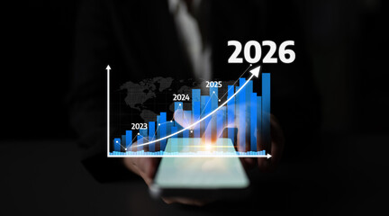 A professional representation of business growth showing a smartphone and a financial graph indicating rising trends from 2023 to 2026, emphasizing analysis. Tessel