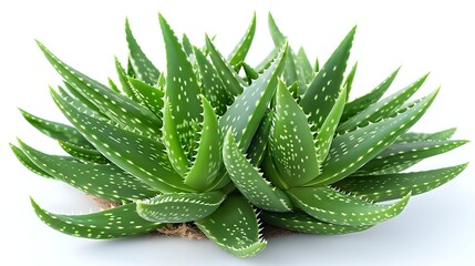 Fresh aloe vera plant with spiky green leaves featuring white spots, grown for medicinal skincare and home remedies.