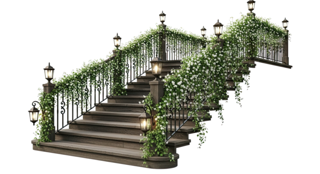 An elegant wooden staircase with ornate iron railings, decorated with lush white flowers and climbing vines, illuminated by glowing vintage lanterns at night, isolated on a black background