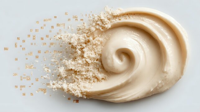 Creamy beige cosmetic product swirl with powder particles dispersing on white background, showcasing texture for skincare advertising.