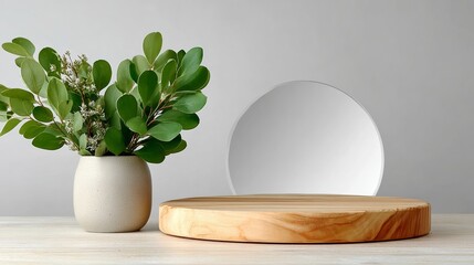 Vase with green leaves and a wooden tray with a mirror on top