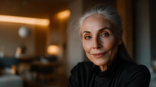 Beautiful elderly woman with long grey hair and a gentle smile looking at the camera, posing inside a cozy and modern apartment with a soft, warm light in the background