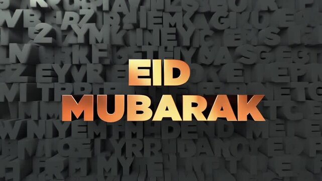 Eid Mubarak greeting card with 3D text on a background of random letters.