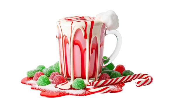A decadent pink holiday drink topped with cotton candy and dripping syrup, served in a glass mug with festive jelly candies and a candy cane against a black background