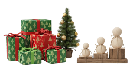 A festive holiday arrangement with beautifully wrapped Christmas gifts, a small decorated tree with golden baubles, and minimalist wooden family figures isolated on a black background
