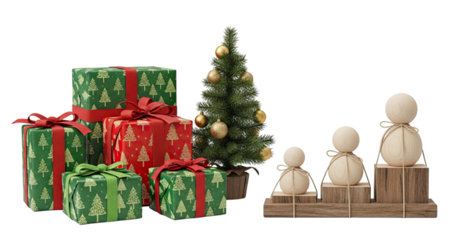 A festive holiday arrangement with beautifully wrapped Christmas gifts, a small decorated tree with golden baubles, and minimalist wooden family figures isolated on a black background - Powered by Adobe