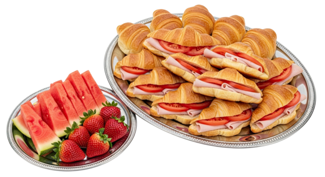 Appetizing catering platters with fresh croissant sandwiches filled with ham and tomato, and a fruit tray with watermelon and strawberries, isolated on a black background