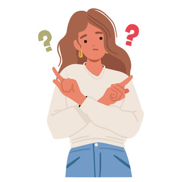 Confused woman character choosing between answers to two questions making decision right or left