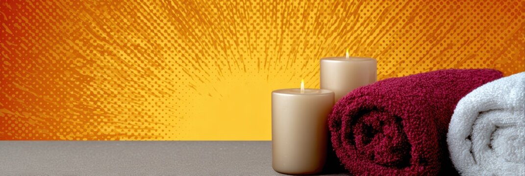 comic book wellness ad, comic book style massage wellness ad with bold halftone textures, stylized candles and towels, warm colors, dynamic layout and central space for message