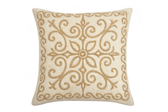 Cream accent pillow with intricate embroidered gold floral and swirl pattern providing elegant home decor, transparent background - Powered by Adobe