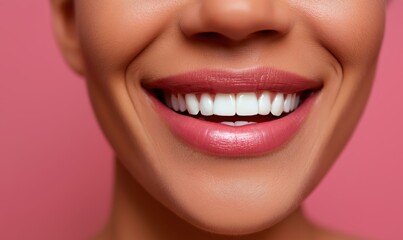 Female close-up of clear toothy smile against pink background with space for text