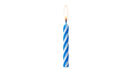 Single blue and white striped birthday candle, with a lit flame, PNG isolated on transparent background lit candle