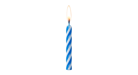 Single blue and white striped birthday candle, with a lit flame, PNG isolated on transparent background lit candle