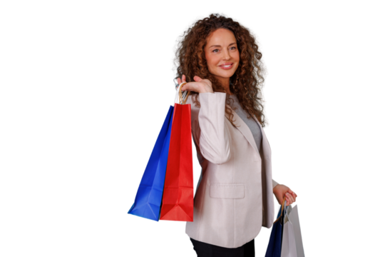 Cheerful woman carrying shopping bags, representing consumerism, retail therapy, and sales success with a transparent background