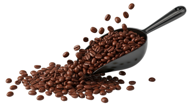 Freshly roasted coffee beans spilling from a black metal scoop in a dynamic motion shot, creating a pile of aromatic grains isolated on a solid black background