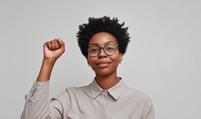 A determined woman stands strong, raising her fist with confidence in a minimalist space