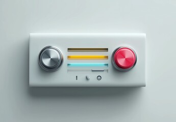 A sleek digital interface features colorful UI elements, buttons, and sliders for innovative tech design