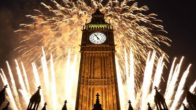 Spectacular fireworks illuminate the iconic Elizabeth Tower, commonly known as Big Ben, during a celebratory event in London