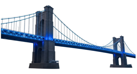 An iconic suspension bridge with grand stone towers and intricate steel cables, brilliantly illuminated with glowing blue lights against a stark black background at night