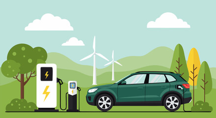Vector illustration of a modern electric car at a charging station powered by wind turbines, a concept of sustainable transport and clean energy © DOLARRIZ JHON