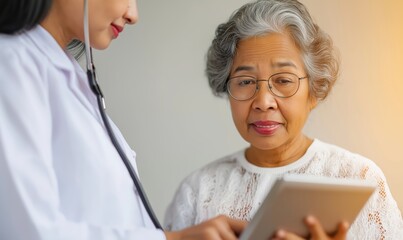A senior woman interacts with a nurse using smart technology to monitor health metrics in a clinical environment